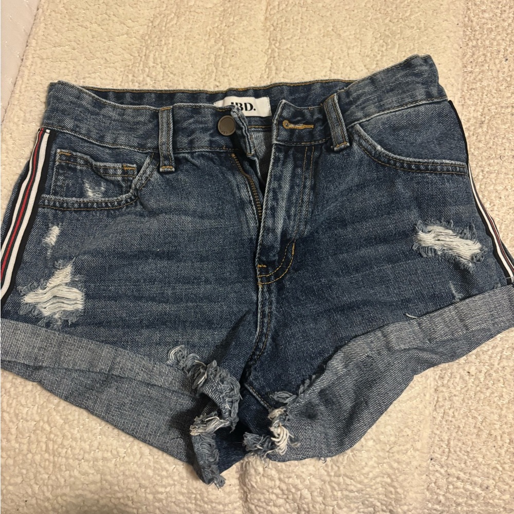 BDG Distressed Blue Jean Shorts with Striped Detail